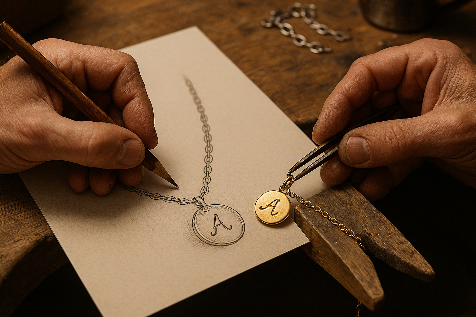 Jeweler sketching a custom necklace design and crafting it by hand. Alt: Crafting process of a personalized necklace gift showcasing artisan skills.