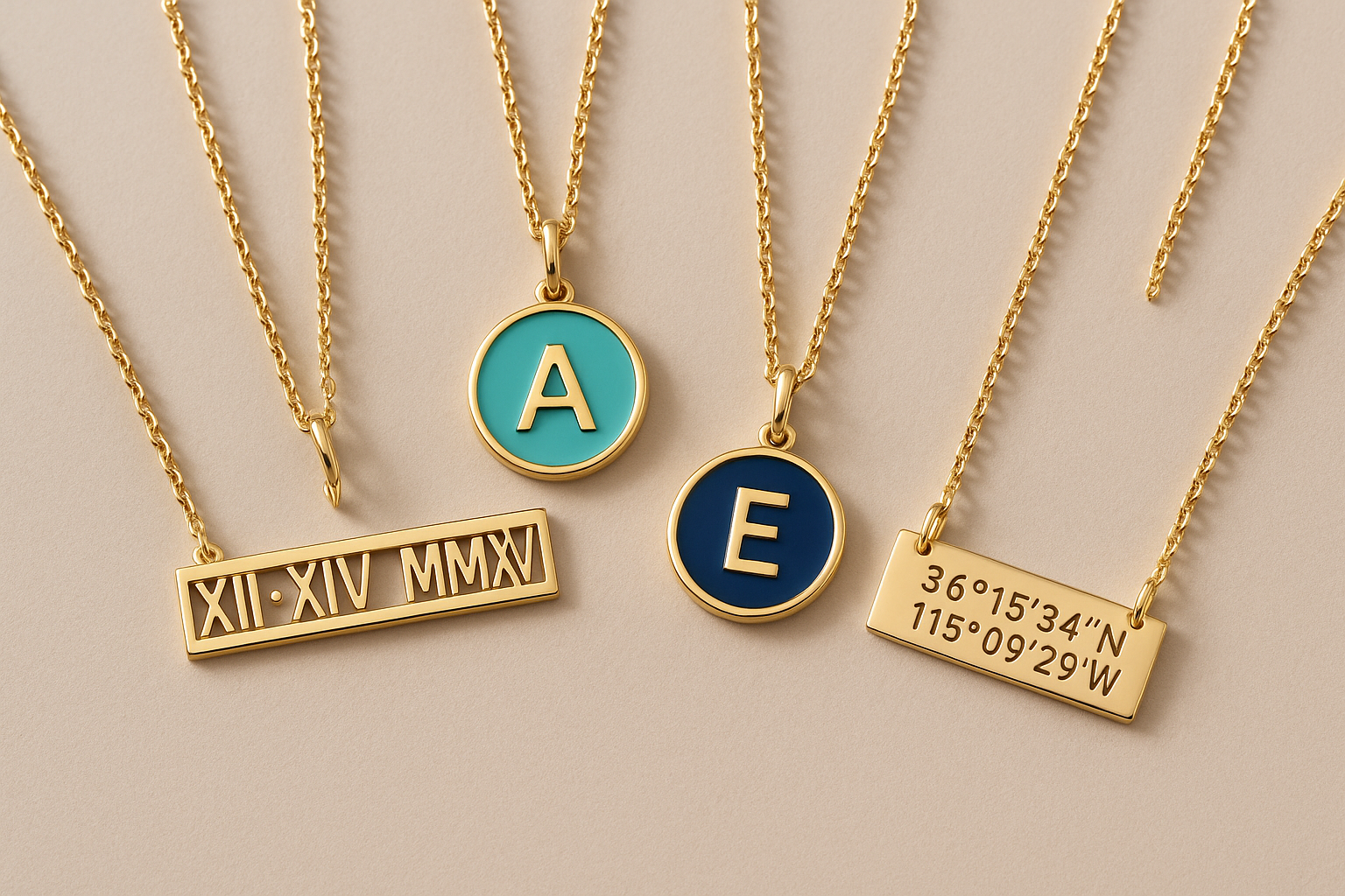 Display of trendy personalized necklaces including Roman numerals, enamel initials, and coordinate bars. Alt: Trendy personalized necklace gift styles for 2025.