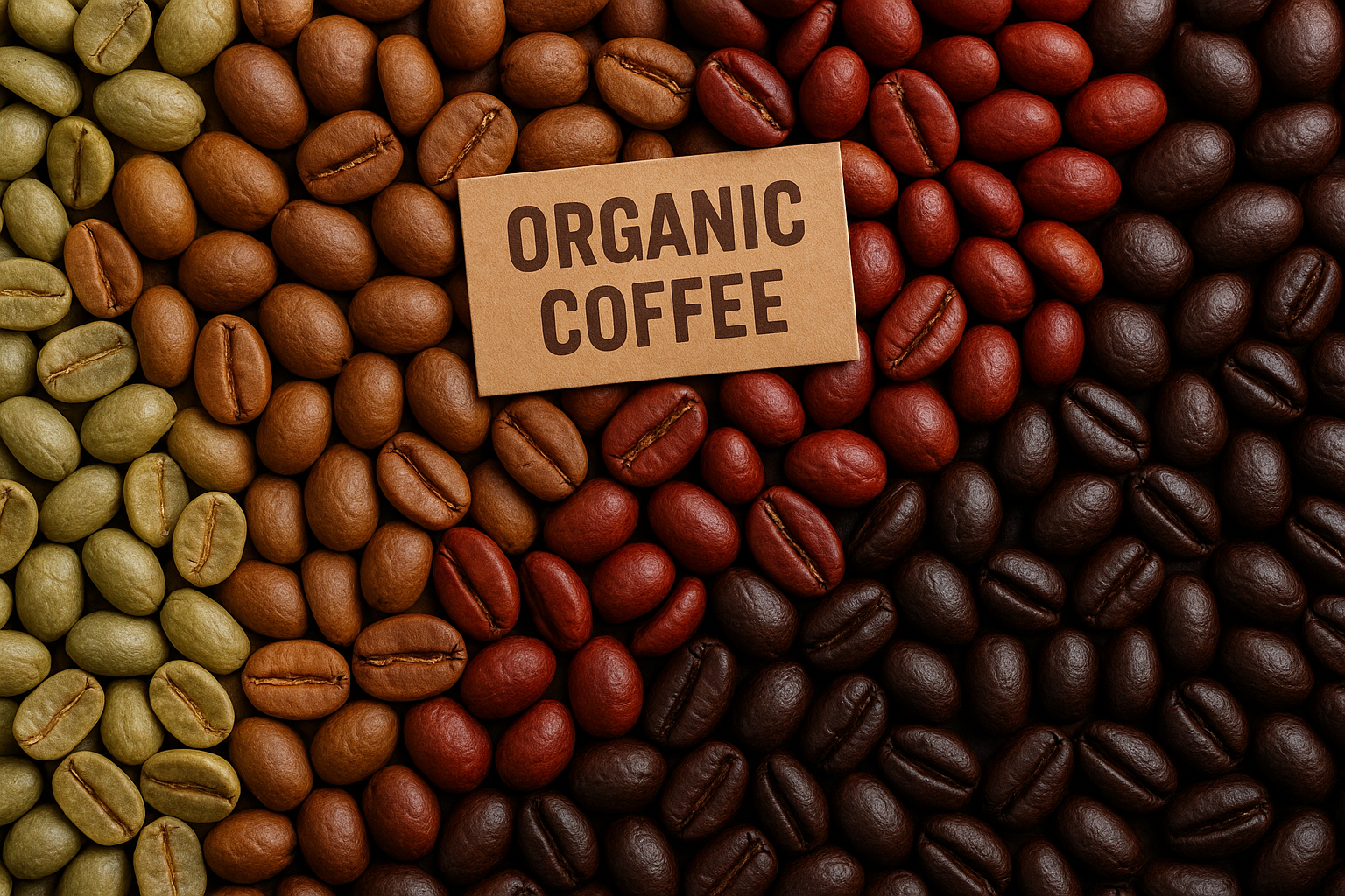 A beautifully arranged assortment of organic coffee beans from various origins, highlighting the vibrant colors and textures. Alt: Organic coffee subscription fresh beans from multiple origins.