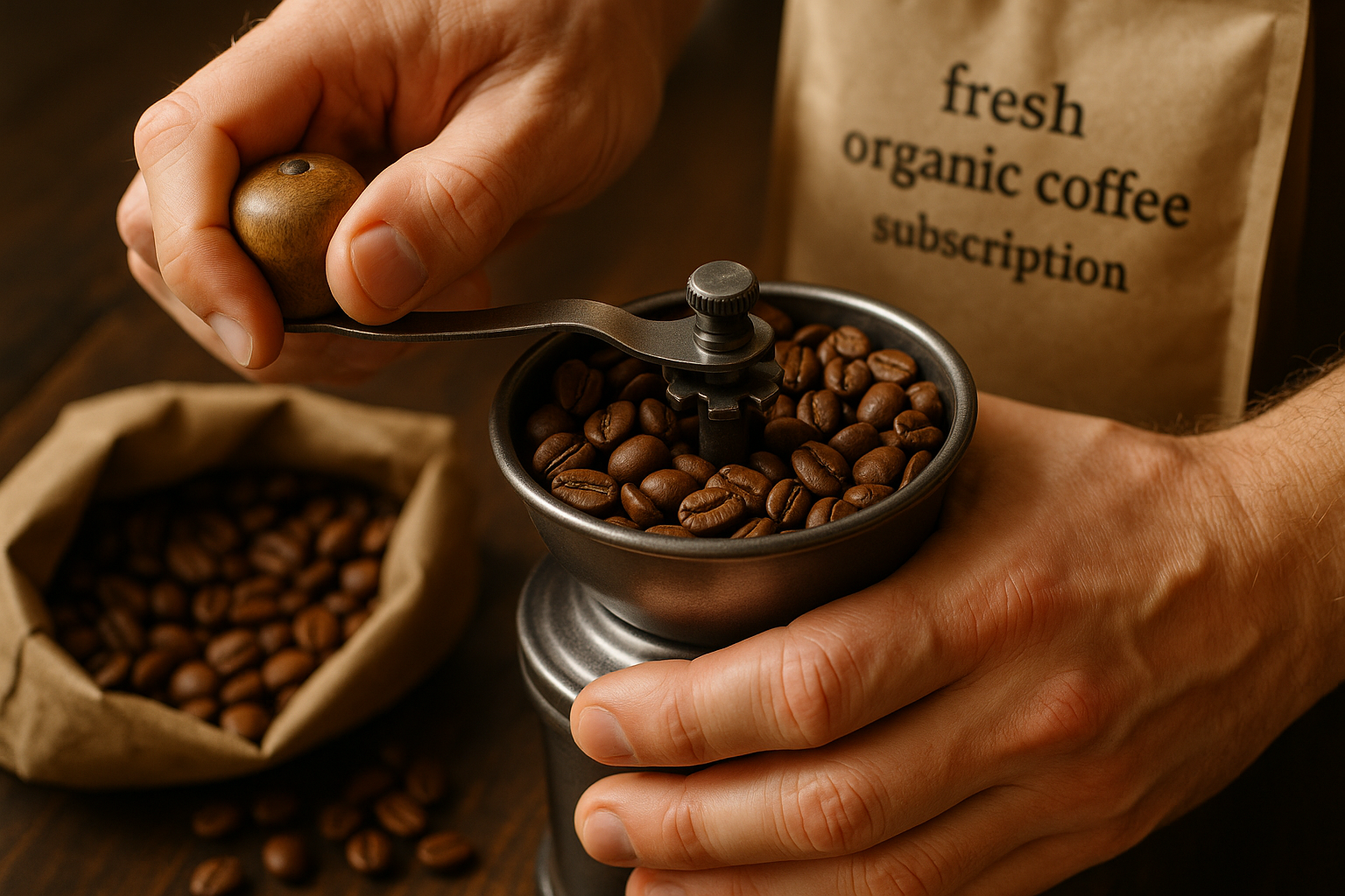 Close-up of hands grinding freshly roasted organic coffee beans, illustrating the importance of freshness. Alt: Grinding fresh organic coffee beans from subscription.