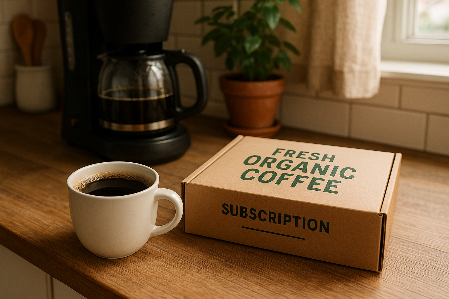 A cozy kitchen corner with a freshly brewed cup of organic coffee and a subscription box nearby. Alt: Enjoying fresh organic coffee from subscription at home.