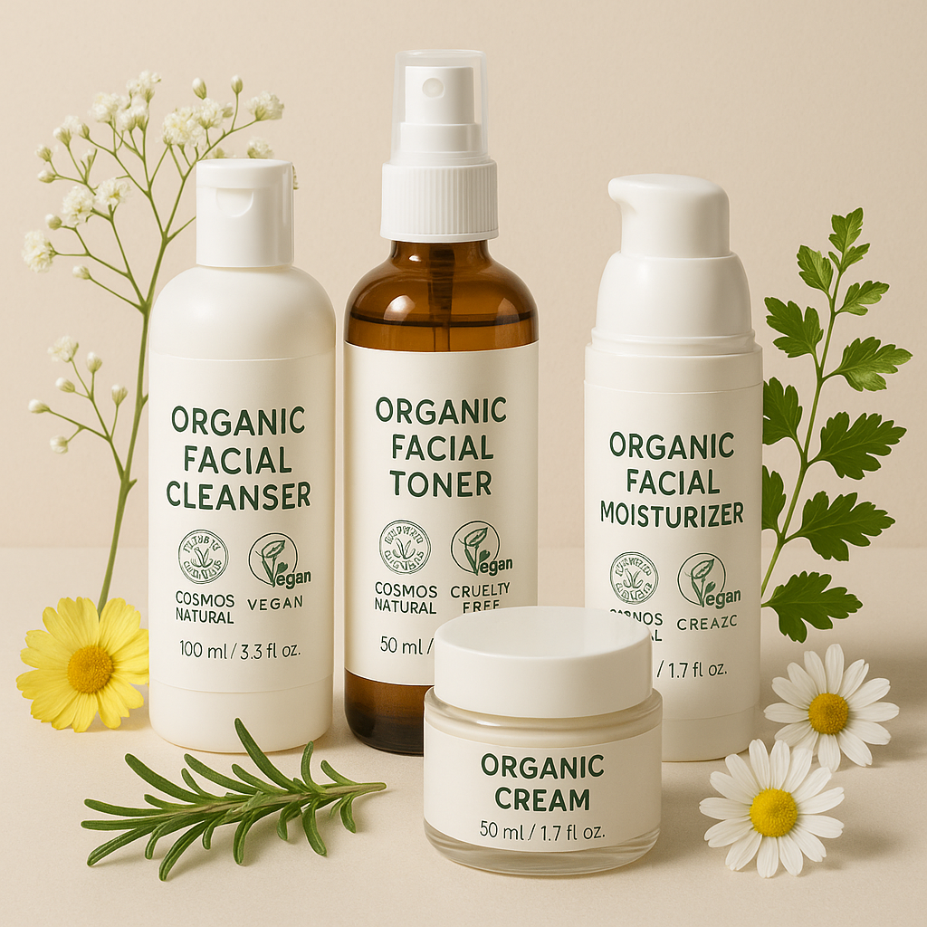 COSMOS certified organic skincare products arranged alongside fresh botanicals highlighting purity and ethical beauty. Alt: COSMOS certified vegan and cruelty-free skincare with natural ingredients for sensitive skin.