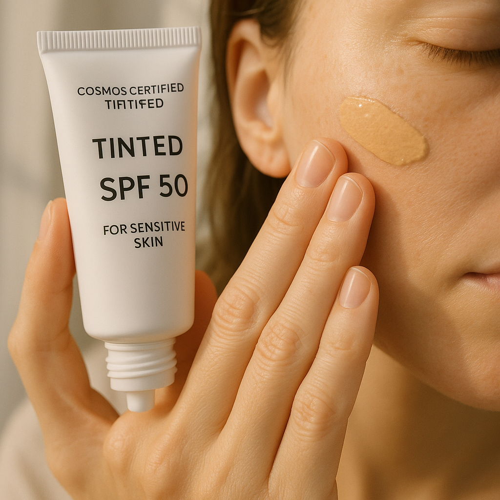 A gentle hand applying COSMOS certified tinted SPF 50 to sensitive skin in soft natural light. Alt: COSMOS certified tinted SPF 50 for sensitive skin application and sun protection.