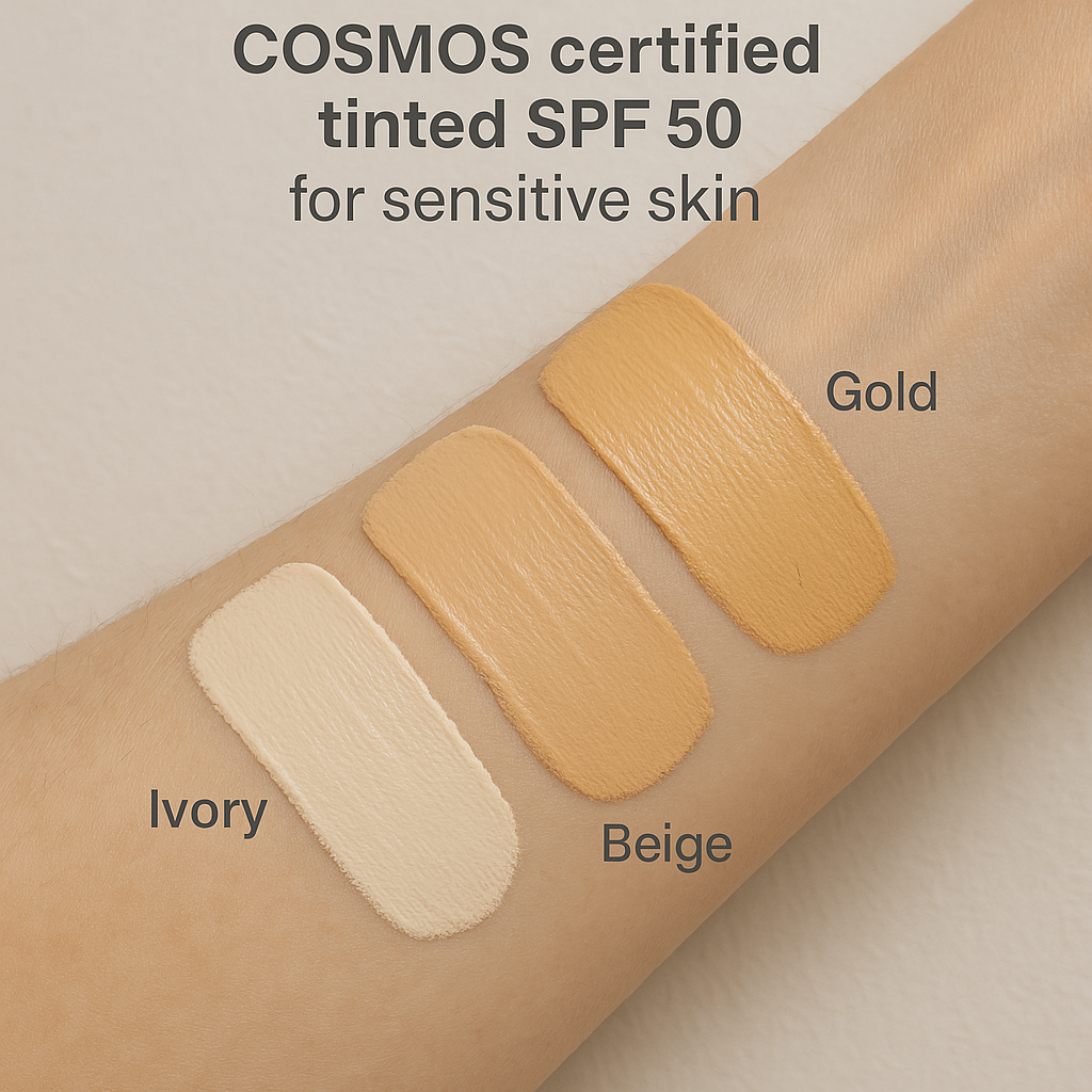 Swatch of COSMOS certified tinted SPF 50 showing ivory, beige, and gold shades on forearm, illustrating tint blending options. Alt: COSMOS certified tinted SPF 50 for sensitive skin shade options swatch.