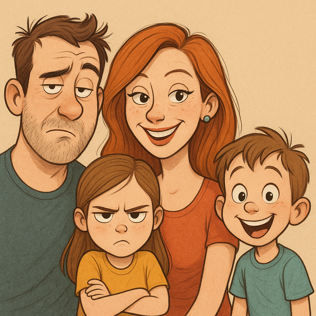 Close-up of a custom cartoon family portrait created by AI, showcasing distinct personality traits of each family member. Alt: Detailed custom family cartoon portrait showcasing facial expressions and personality.