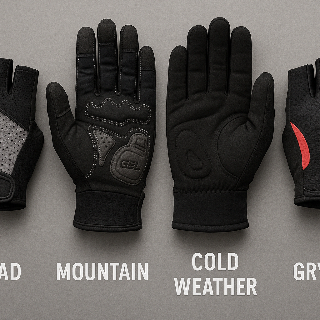 Different styles of cycling gloves gel padded showcased for various riding types from road to mountain biking. Alt: Diverse cycling gloves gel padded for road, mountain, and cold weather riding.