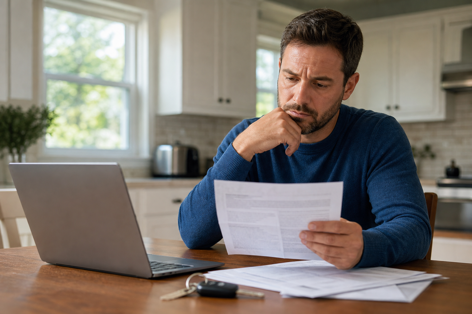 A realistic Illinois driver reviewing a renewal notice beside a laptop and vehicle keys at a kitchen table, natural daylight, no readable personal data, no logos or phone numbers. Alt: Illinois driver reviewing a car insurance renewal after a ticket or accident.
