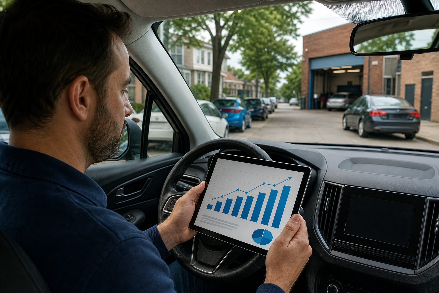 A realistic Illinois neighborhood street with several parked cars, a repair shop in the distance, and a driver reviewing changing insurance costs on a tablet, blue accent detail, no readable text, plates, logos, or phone numbers. Alt: Market factors that can increase Illinois car insurance costs.