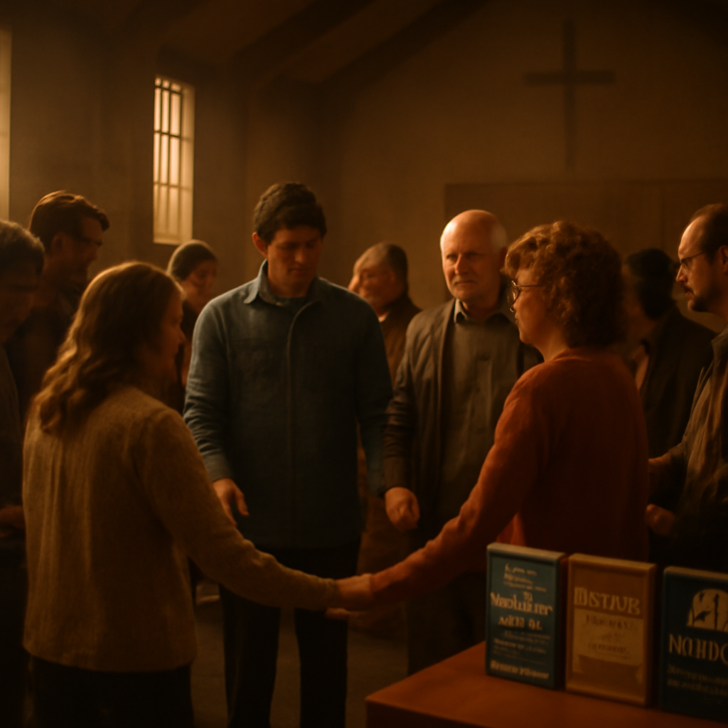 A warm, inviting church hall with people holding hands, reflecting the support found in biblical verses. Alt: Community prayer during a storm.