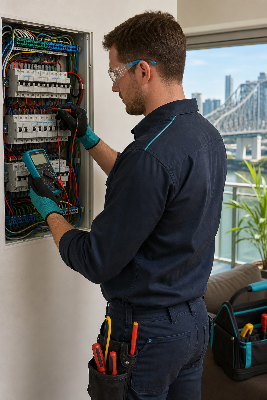 A licensed electrician in uniform inspecting an electrical panel with a multimeter, with safety gear visible. Alt: Licensed electrician checking circuit breaker panel in Brisbane home.