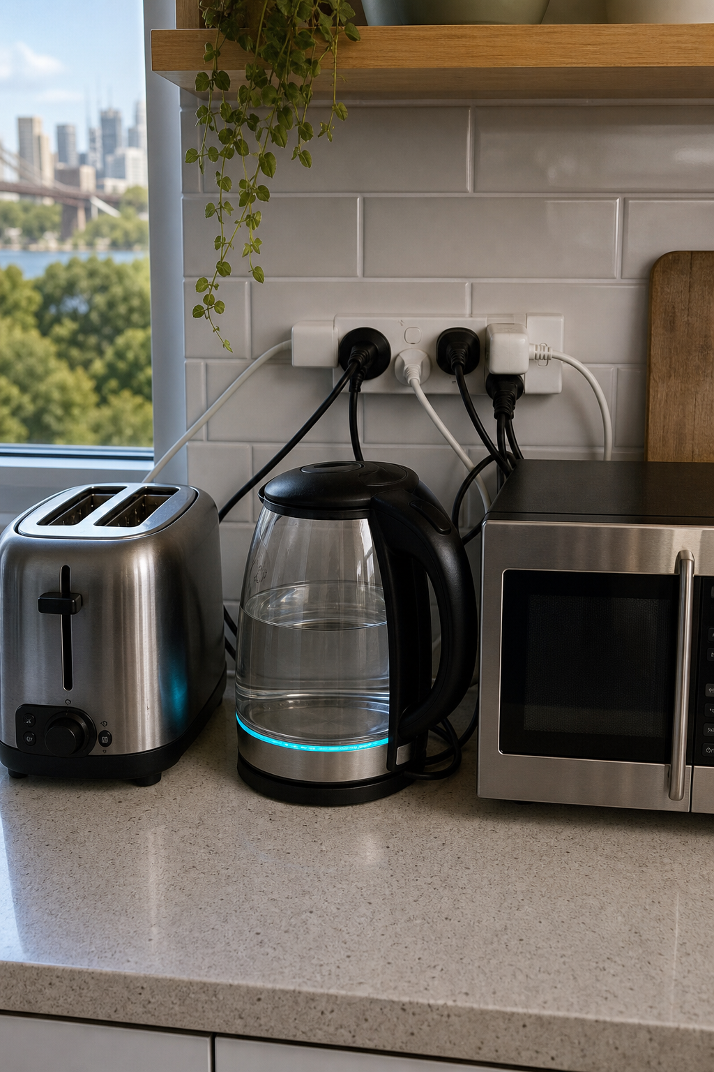 A kitchen counter with a toaster, kettle, and microwave plugged into the same power board, showing a cluttered outlet. Alt: Overloaded power point with multiple appliances plugged in.