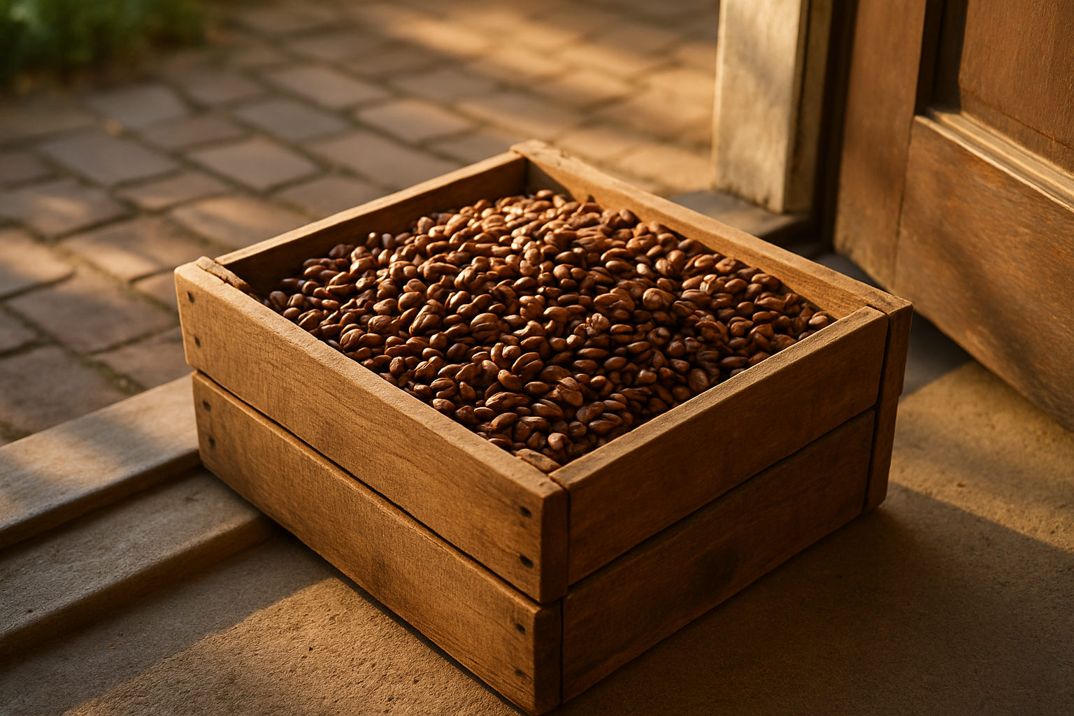 A rustic wooden crate filled with freshly roasted coffee beans at a doorstep, sunlight filtering. Alt: Fresh roasted coffee delivered to home for best flavor and aroma