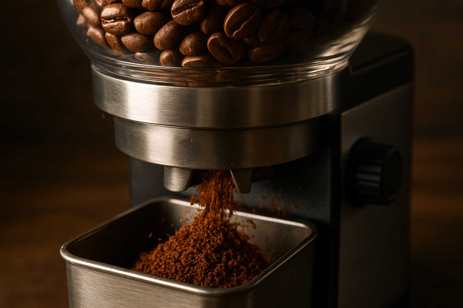 Close-up of a burr coffee grinder with freshly ground coffee coming out. Alt: Grinding fresh roasted coffee delivered beans for optimal flavor
