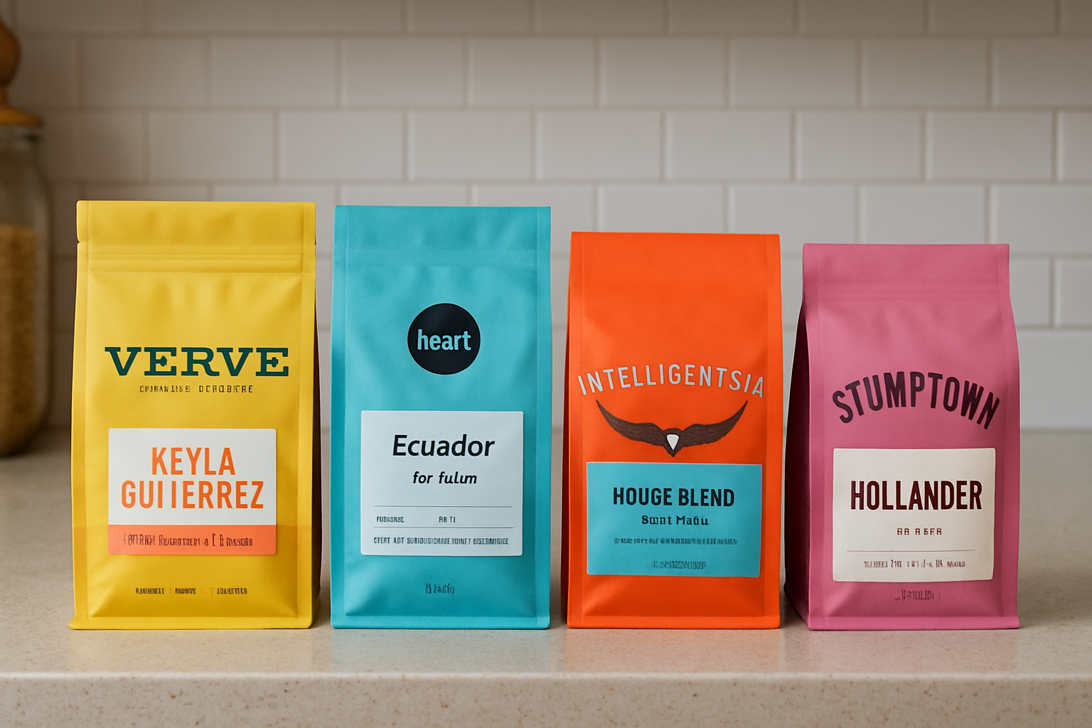 A collection of colorful coffee bags from artisan roasters on a kitchen counter. Alt: Freshly roasted coffee delivered from top roasters with detailed roast info