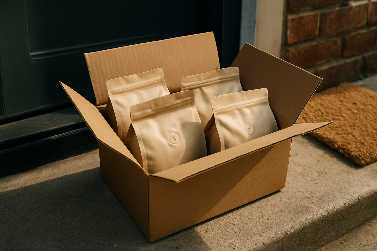 A delivery box full of freshly roasted coffee bags on a doorstep with natural lighting. Alt: Fresh roasted coffee delivered subscription box opened at the doorstep
