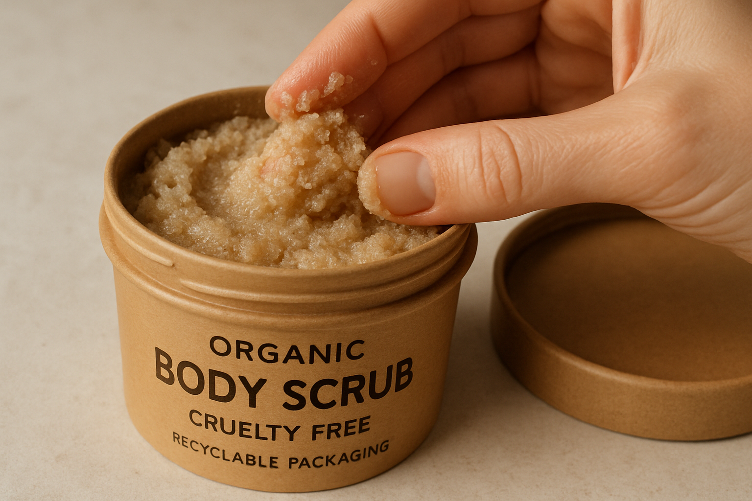 Close-up of a hand scooping gentle organic body scrub from a natural recyclable container. Alt: UK organic cruelty free body scrub in recyclable eco packaging.