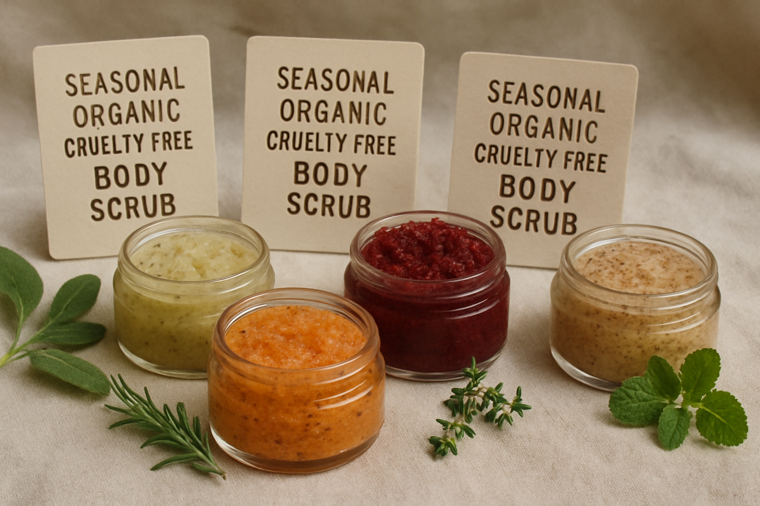 Display of seasonal, organic cruelty free body scrubs on a natural linen cloth with fresh herbs. Alt: Seasonal organic cruelty free body scrub UK selection with fresh botanical accents.