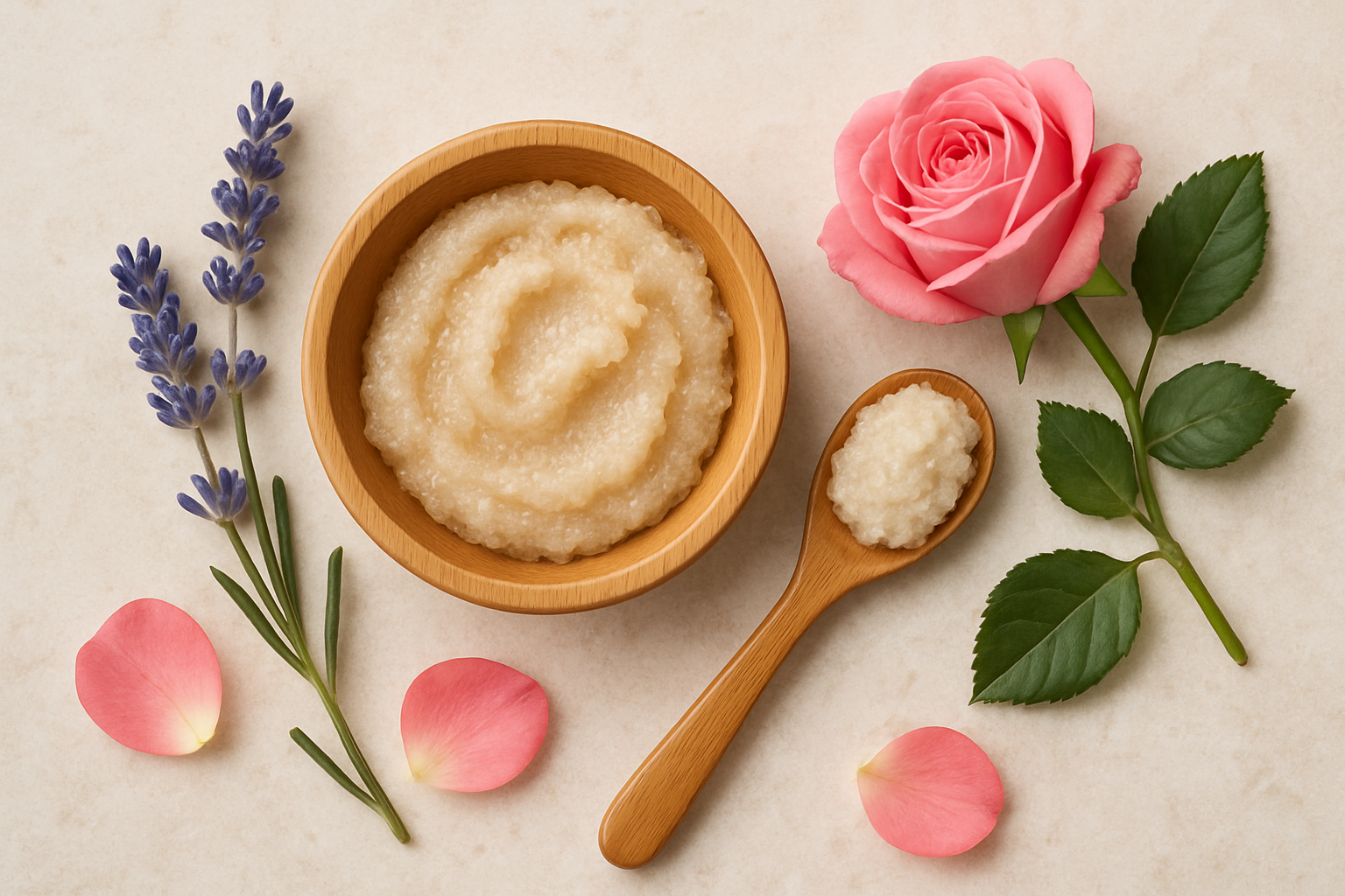 A flat lay showcasing organic cruelty free scraped scrub scooped from a bamboo bowl with sprigs of lavender and rose. Alt: Gentle organic cruelty free body scrub UK with floral accents for sensitive skin.