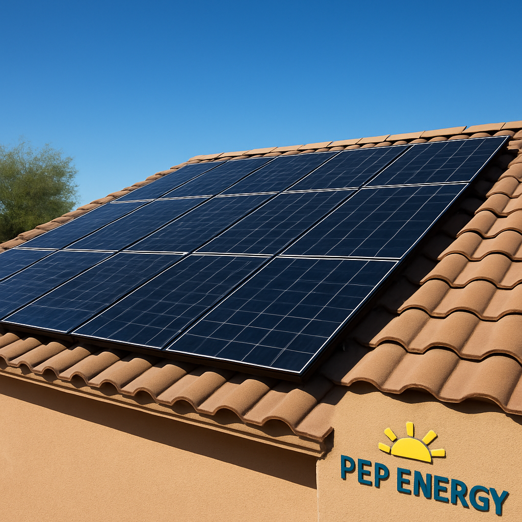 A sunny Arizona rooftop with Pep Energy solar panels installed, showing clean lines and a bright blue sky. Alt: Arizona solar installation on residential roof, showcasing high‑efficiency panels.