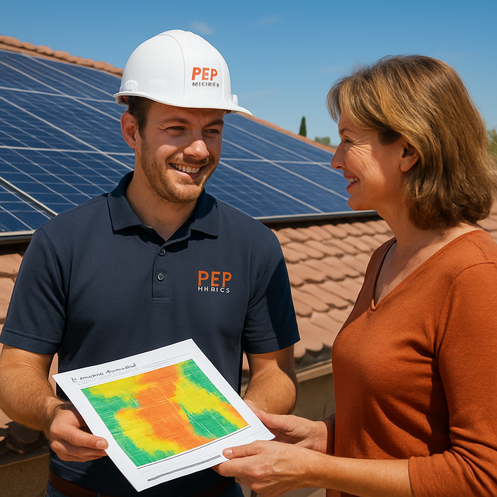A friendly solar technician reviewing a shade‑analysis map with a homeowner on a sunny Arizona roof. Alt: Choosing the right solar installer in Arizona with expert guidance.