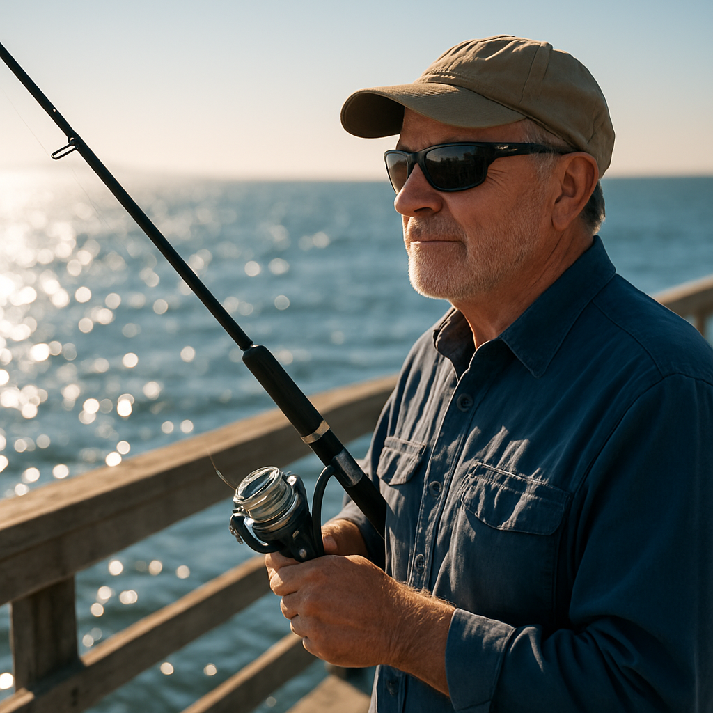 A seasoned angler wearing polarized prescription sunglasses, standing on a sunlit pier with sparkling water behind. Alt: Polarized prescription sunglasses for fishing improving vision and safety.