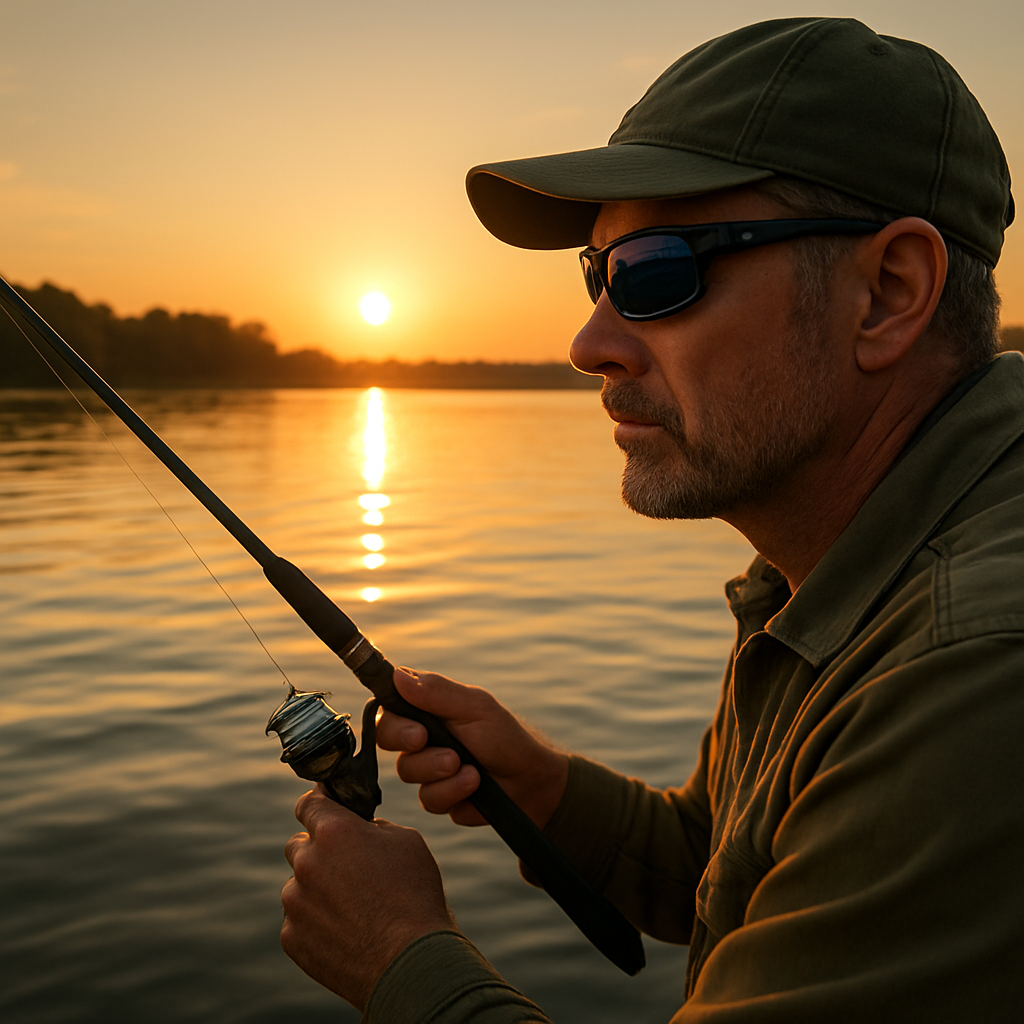 A fisherman wearing polarized prescription sunglasses, focusing on the water's surface at sunrise. Alt: polarized prescription sunglasses for fishing enhancing visibility.