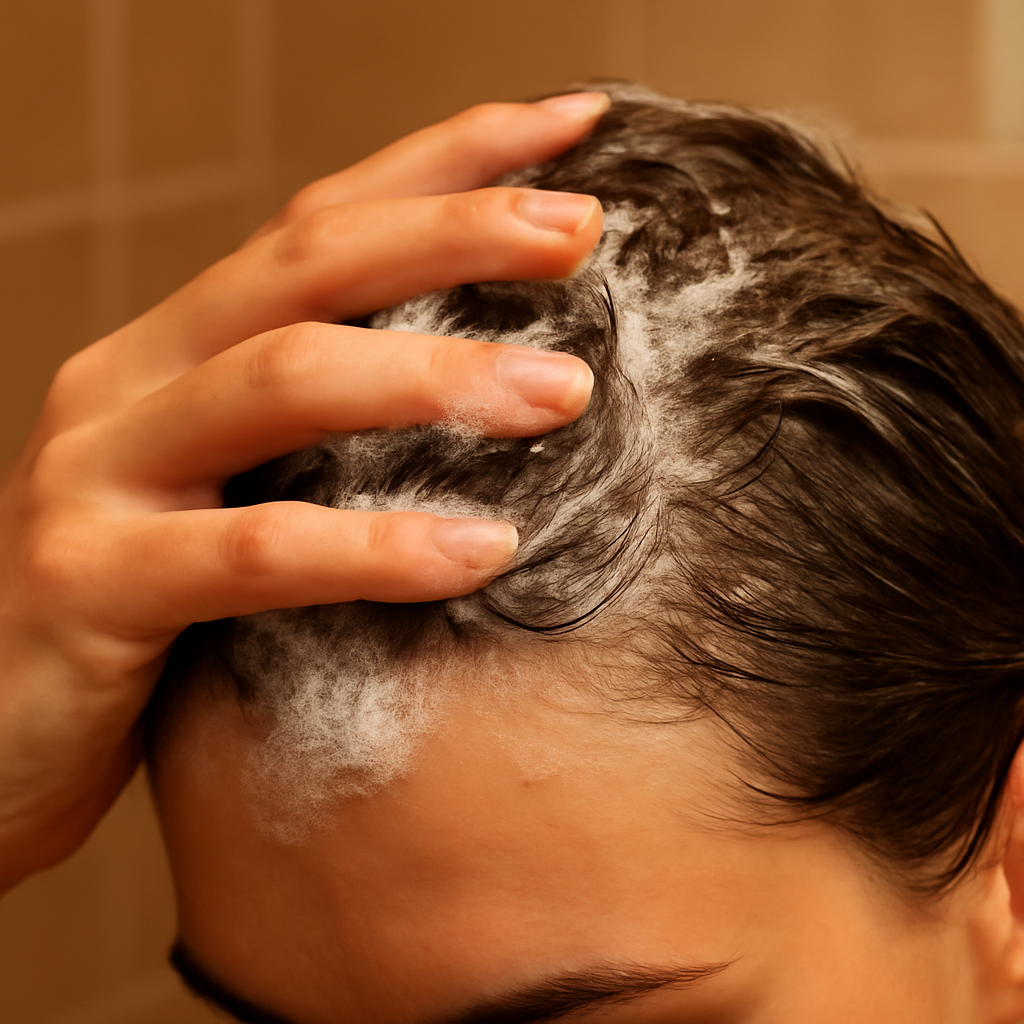 Close‑up of a hand gently massaging a sulphate‑free shampoo into a damp scalp, soft bubbles, warm bathroom lighting. Alt: sulphate free shampoo scalp‑care routine for hair growth