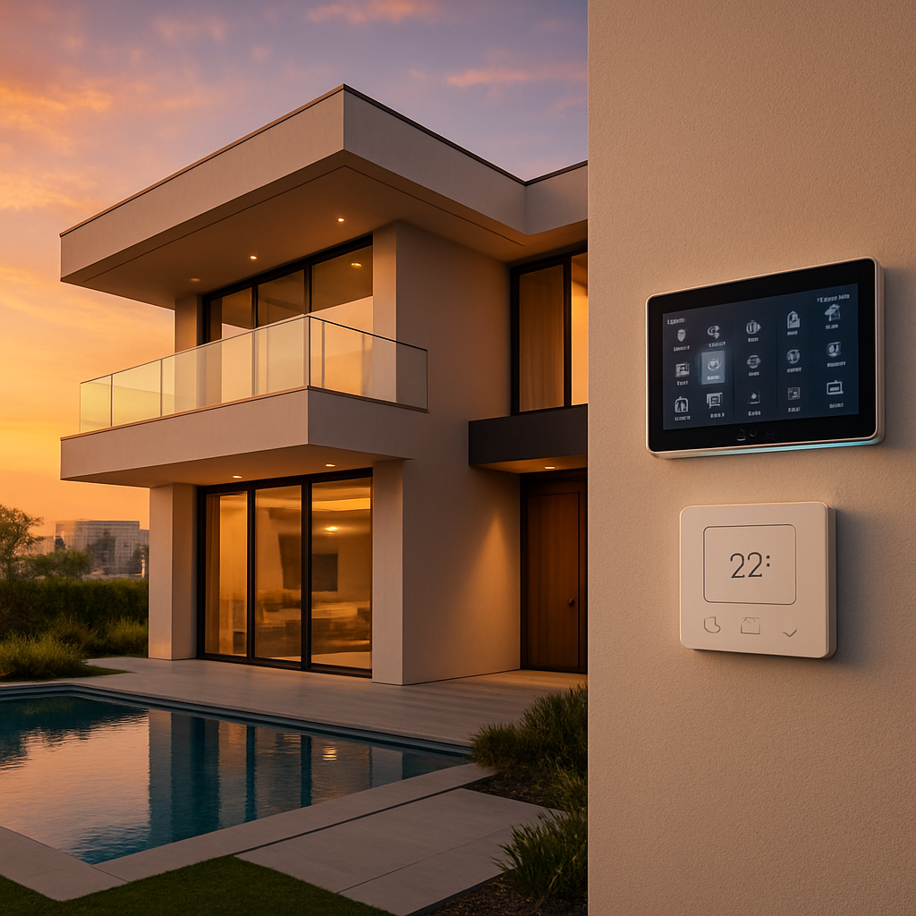 A modern Dubai villa at sunset with smart lighting and HVAC panels visible. Alt: Real-world ROI and energy savings from home automation in UAE.