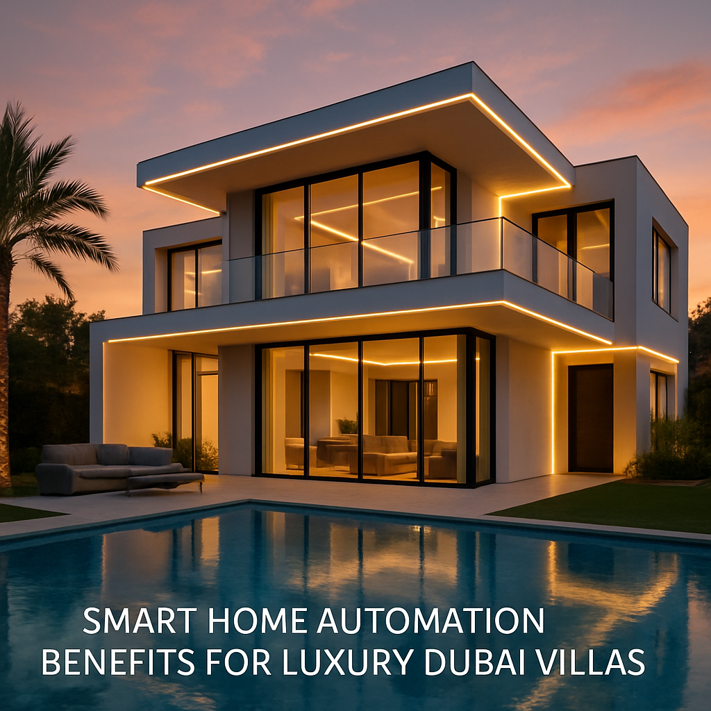 A sleek, modern Dubai villa at sunset with subtle smart lighting accents highlighting architectural details. Alt: Smart home automation benefits for luxury Dubai villas.