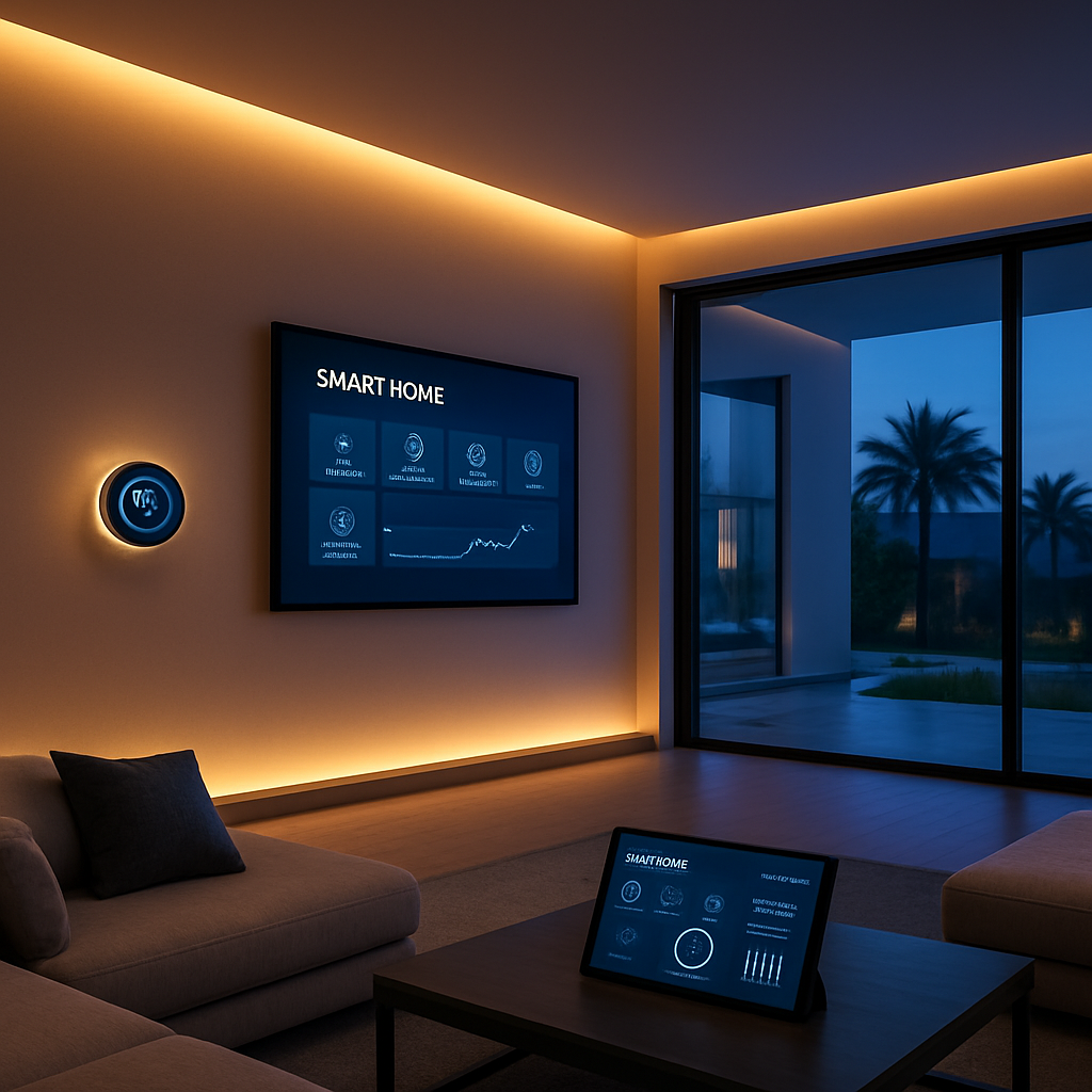 A sleek Dubai villa interior at dusk, showing integrated smart lighting, a wall‑mounted thermostat, and subtle AI data visualisations on a tablet screen. Alt: Luxury smart home technology stack in Dubai villa.