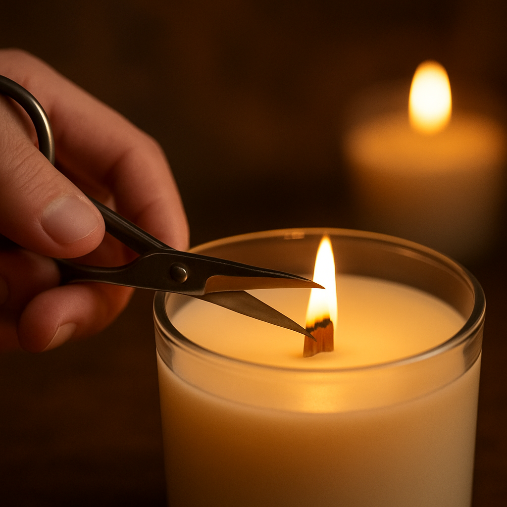 A close‑up of a hand holding scissors trimming a wood wick on a candle, soft candlelight glowing in the background. Alt: wood wick candle trimmed to correct length for steady burn.
