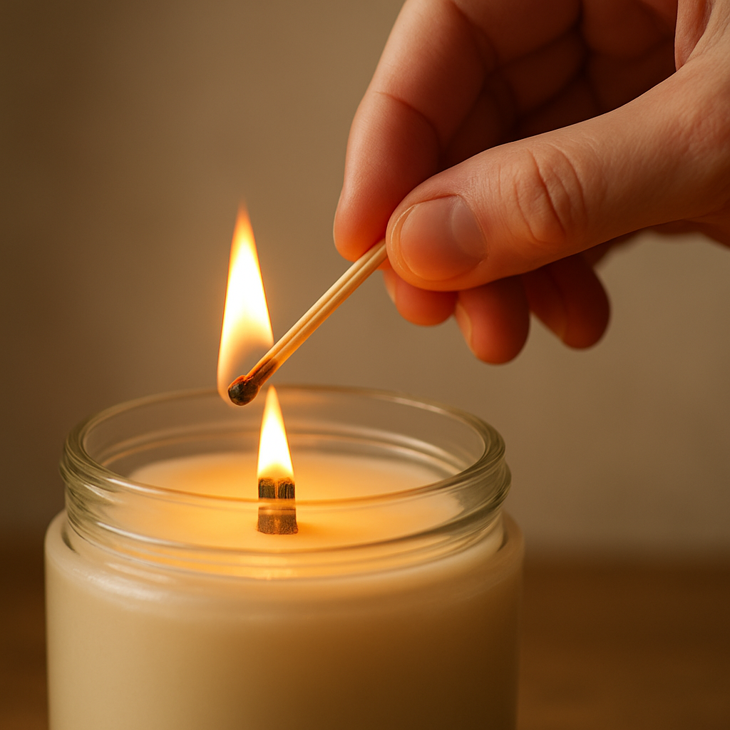 A close‑up of a hand lighting a wooden wick candle at a 45‑degree angle, with the flame moving along the wick, soft glow spreading across a glass jar. Alt: “Proper lighting technique for wood wick candle to stay lit”