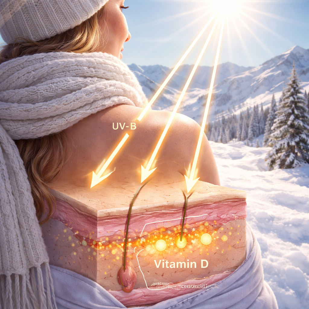 A realistic illustration of winter sunlight hitting a person's exposed skin on a snowy landscape, showing the limited UV‑B penetration, Alt: winter sunlight and vitamin D synthesis