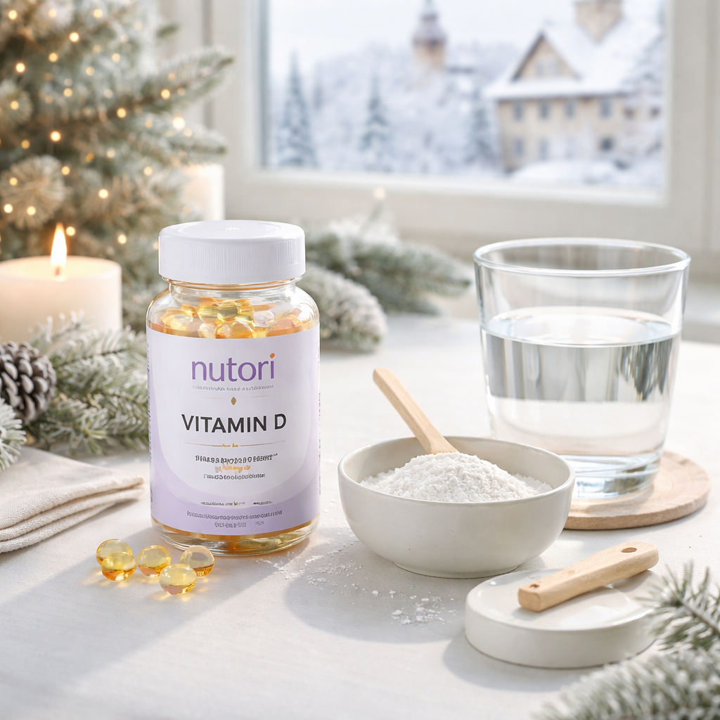 A realistic scene of a winter kitchen table with Nutori vitamin D softgel bottle, a glass of water, and a bowl of magnesium citrate powder, Alt: winter supplement routine with vitamin D and magnesium