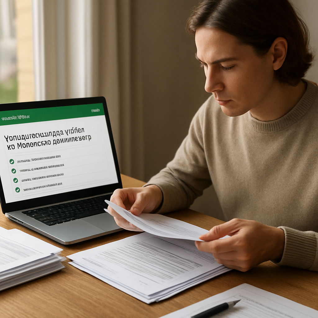 Eine Person, die am Schreibtisch sitzt, Papiere sortiert und dabei einen Laptop mit dem GetRoadTrip Dashboard im Hintergrund. Alt: 