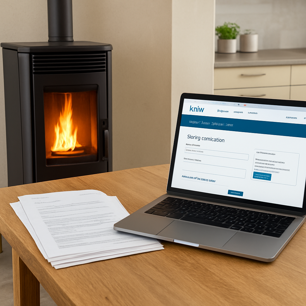 A modern, water‑fed pellet stove with a stack of paperwork and a laptop on a kitchen table, showing the online KfW portal. Alt: Antrag einreichen pelletofen förderung Bild