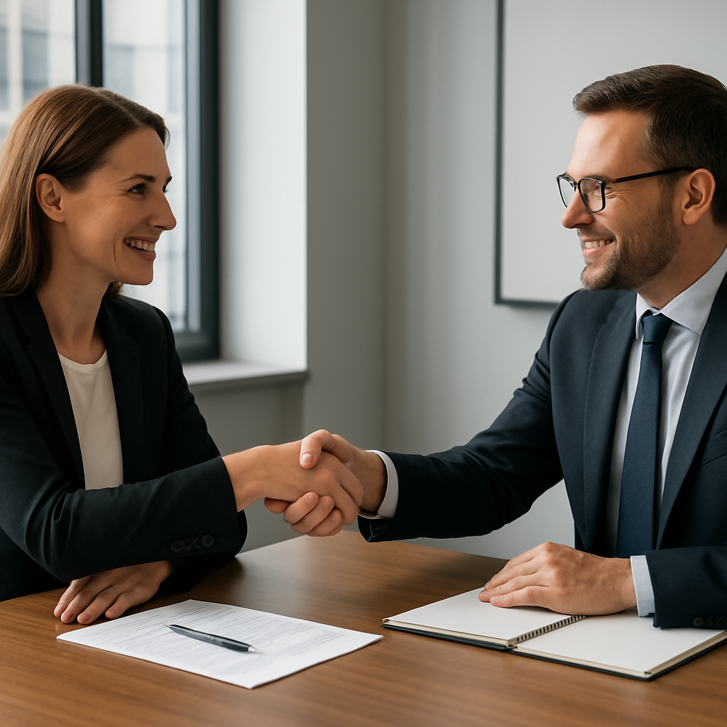 A professional negotiation setting with two businesspeople shaking hands over a conference table, showing collaboration and shared interests. Alt: win win negotiation strategies shared interests