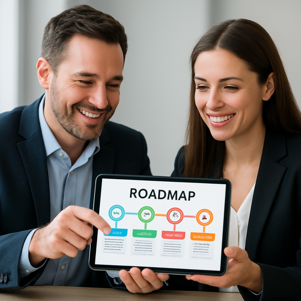 Two business professionals sharing a clear, color‑coded roadmap on a tablet, smiling as they discuss milestones. Alt: Transparent communication builds trust in negotiations