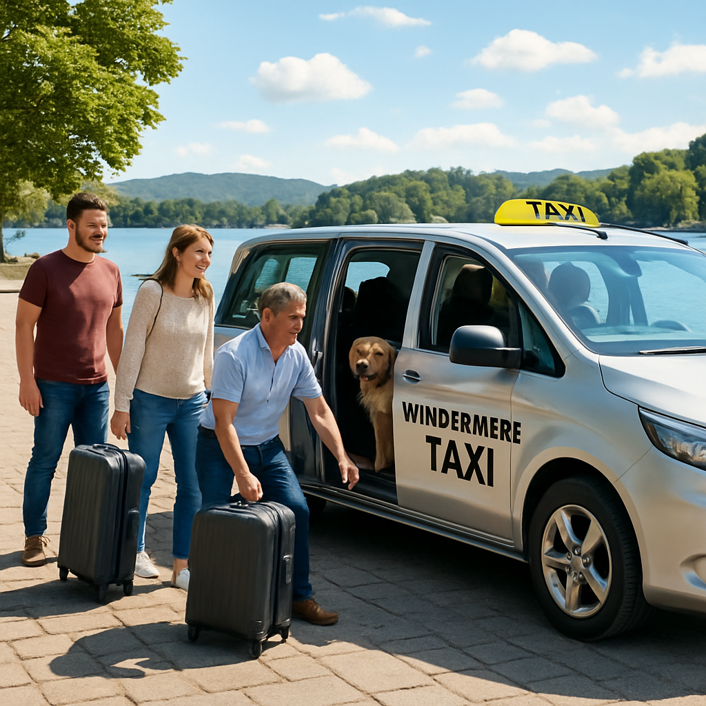 A bright, sunny scene of a Windermere taxi pulling up to the lakeside promenade, with passengers loading luggage and a dog in the back. Alt: Windermere taxi service near the lake with friendly driver.