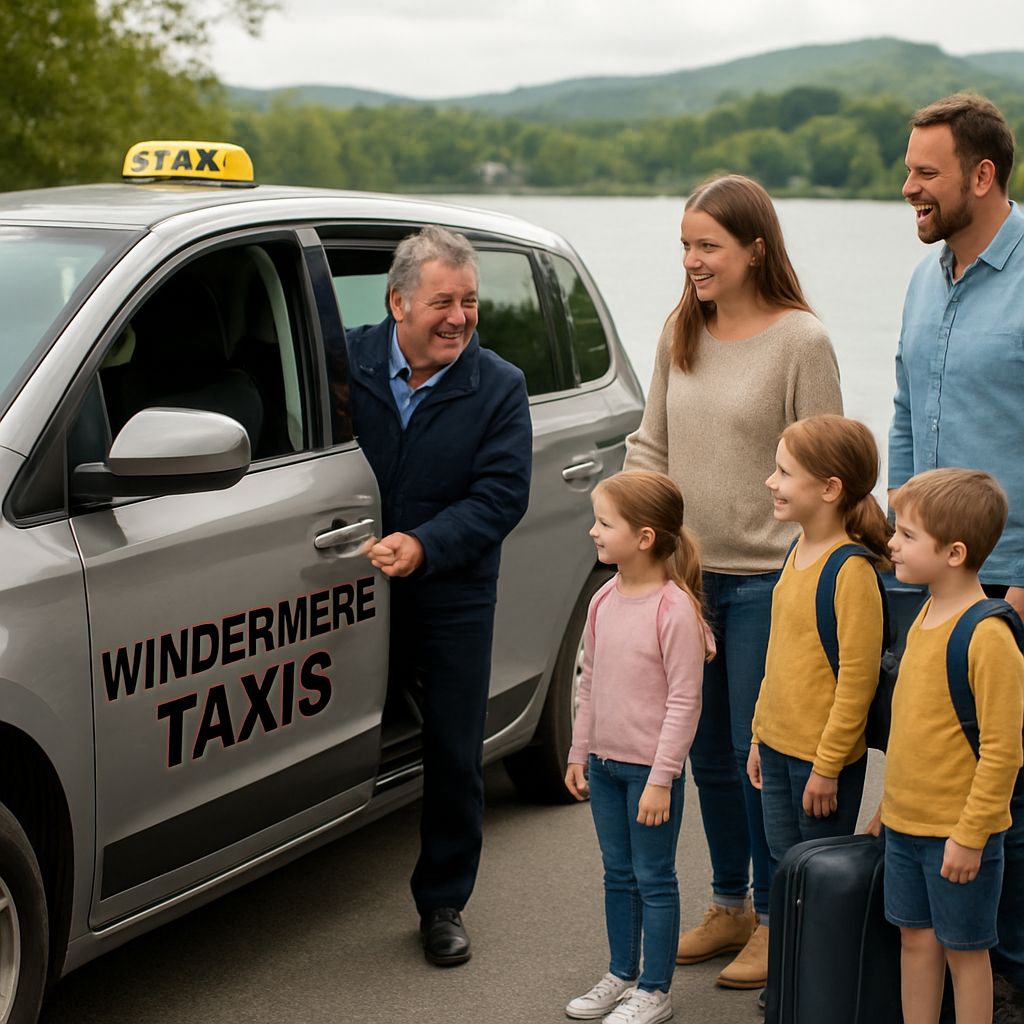 A friendly local driver opening the door of a spacious taxi for a family with luggage near Windermere lake. Alt: Windermere taxis family-friendly service