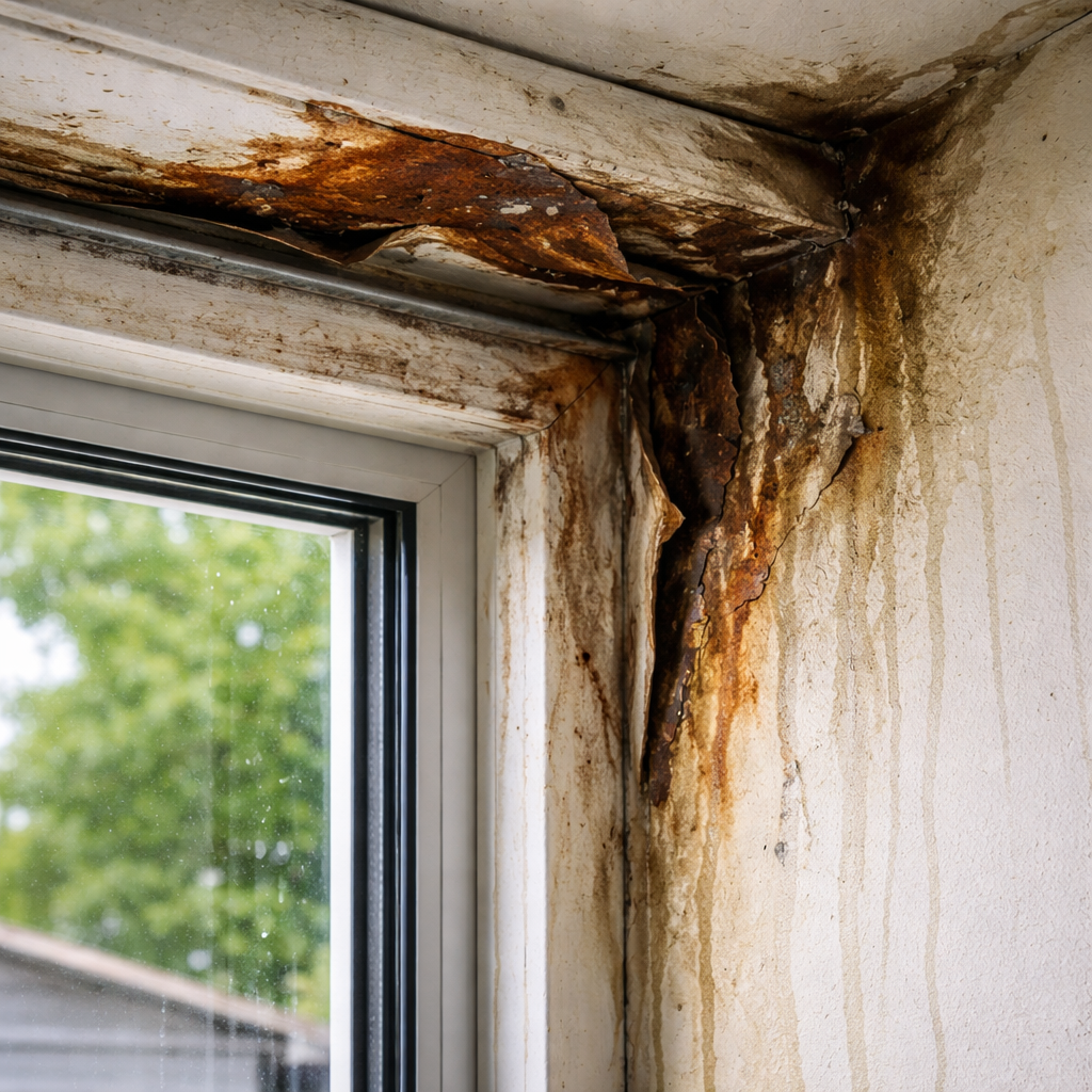 A photorealistic close‑up of a window with damaged flashing, showing rust, warped metal, and water streaks on the interior wall. Alt: window flashing repair cost illustration showing common problem areas.