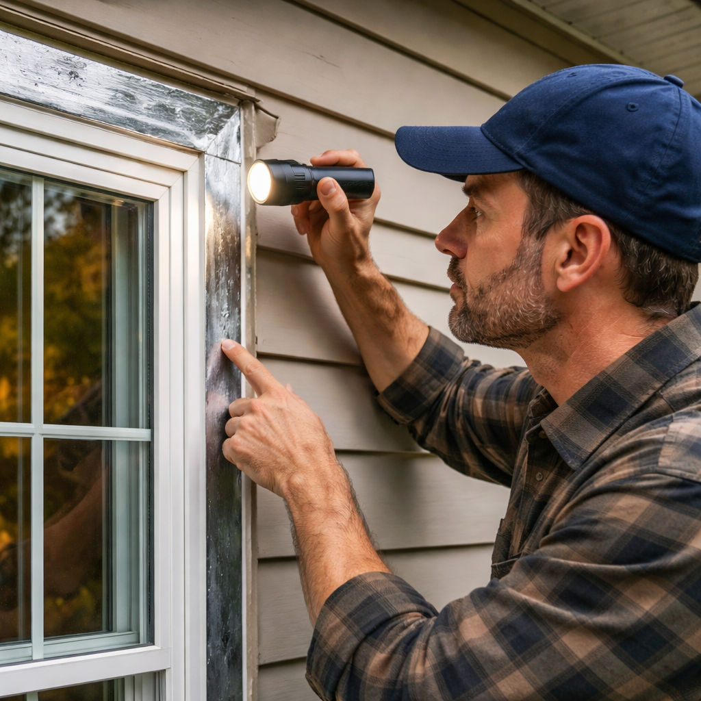 A photorealistic scene of a homeowner inspecting window flashing on a suburban house, holding a flashlight, with visible metal flash and sealant, realistic lighting, Alt: window flashing repair cost inspection