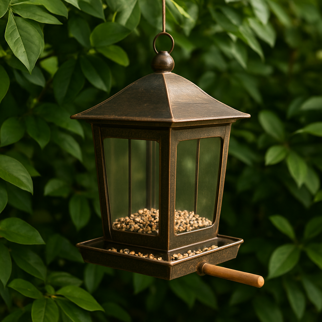 A close‑up of a bird feeder with a decorative lantern and a small wooden perch, surrounded by lush green leaves. Alt: Decorative bird feeder with lantern and perch.