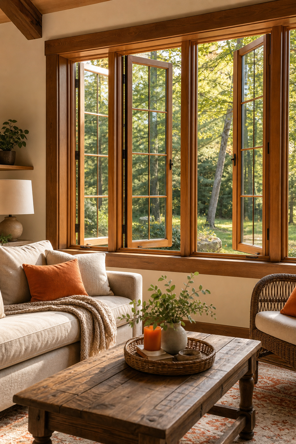 A cozy living room interior with natural wood-framed casement windows overlooking a forested yard, warm sunlight filtering in. Alt: Wood replacement windows adding timeless charm and resale value.