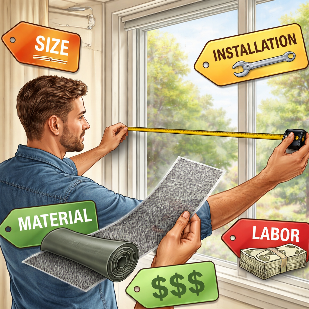 A realistic illustration of a homeowner measuring a window, with a tape measure, a screen mesh sample, and price tags floating around. Alt: window screen cost factors illustration