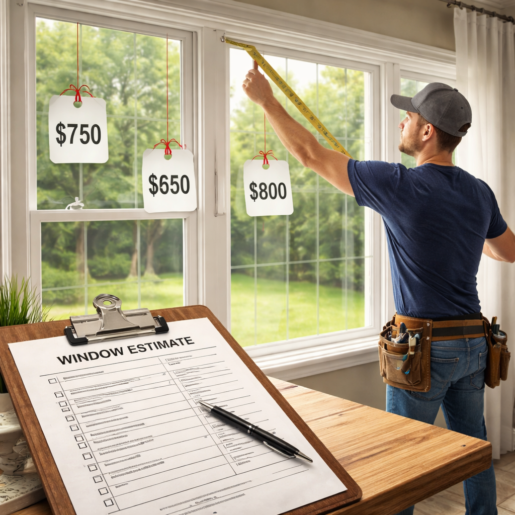 A realistic scene of a contractor measuring multiple windows, with price tags and a checklist visible on a clipboard. Alt: window screen cost estimation illustration