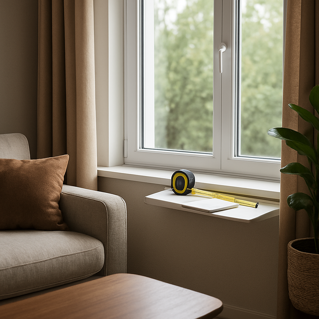 A cozy living room with a modern window showcasing natural light, with a tape measure and notebook beside the sill. Alt: Interior home window measurement tools