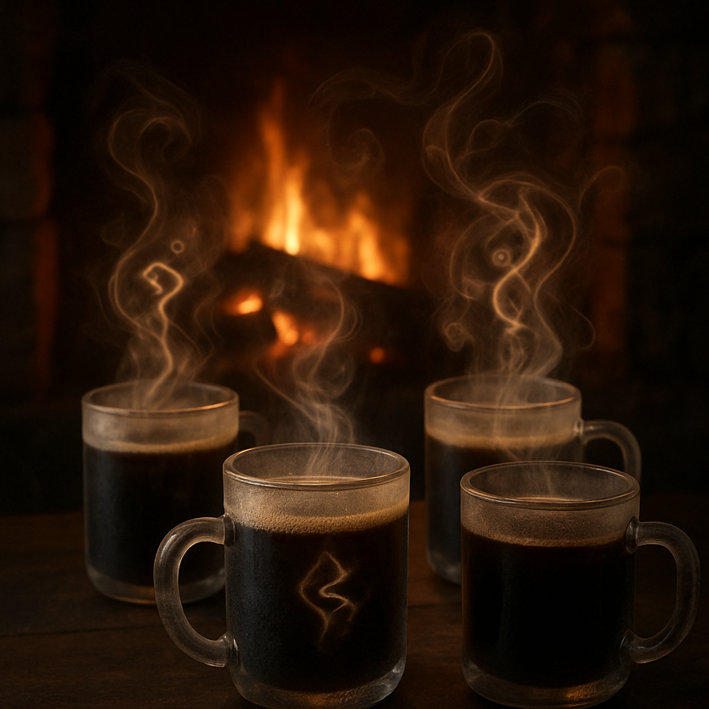 A cozy, dimly lit hearth surrounded by frosted glass mugs, steam swirling like ancient runes. Alt: Winter coffee at a hearth.