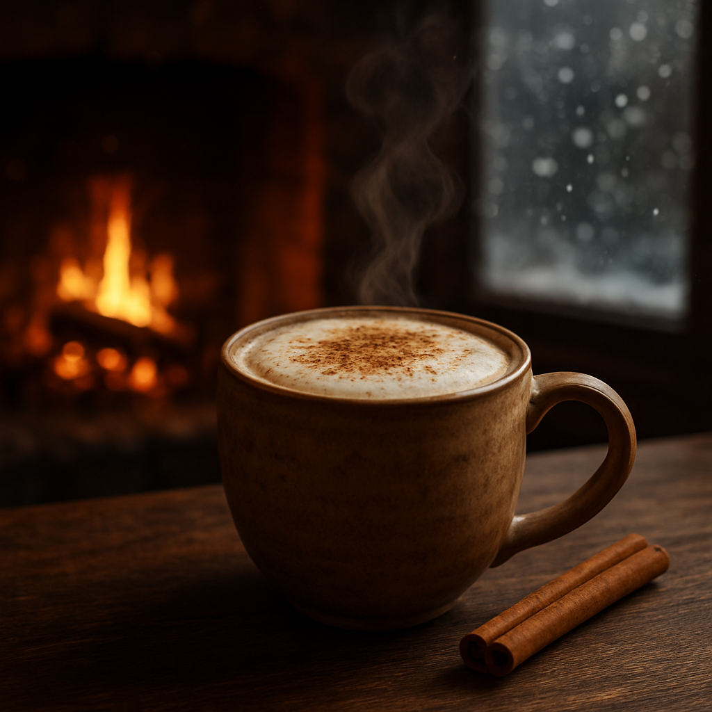 A steaming mug of cinnamon‑spiced latte beside a crackling fireplace, snow falling outside. Alt: Cinnamon latte with frothy milk and cinnamon dusting.