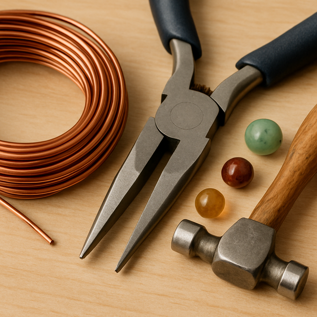 A close‑up of a copper wire coil beside flat‑nosed pliers, beads, and a tiny hammer. Alt: wire wrapping jewelry tutorial tools and materials